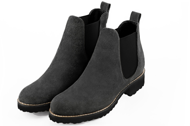 Dark grey and matt black dress ankle boots for men. Round toe. Flat rubber soles. Front view - Florence KOOIJMAN
